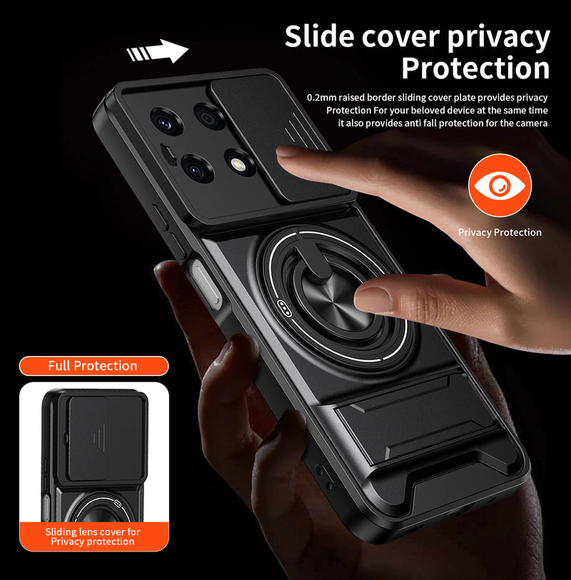 Luxury Slide Camera Lens Cover Case for Honor X8A 4G, Built-in Ring Stand and Folding Stand Magnetic Protective Case