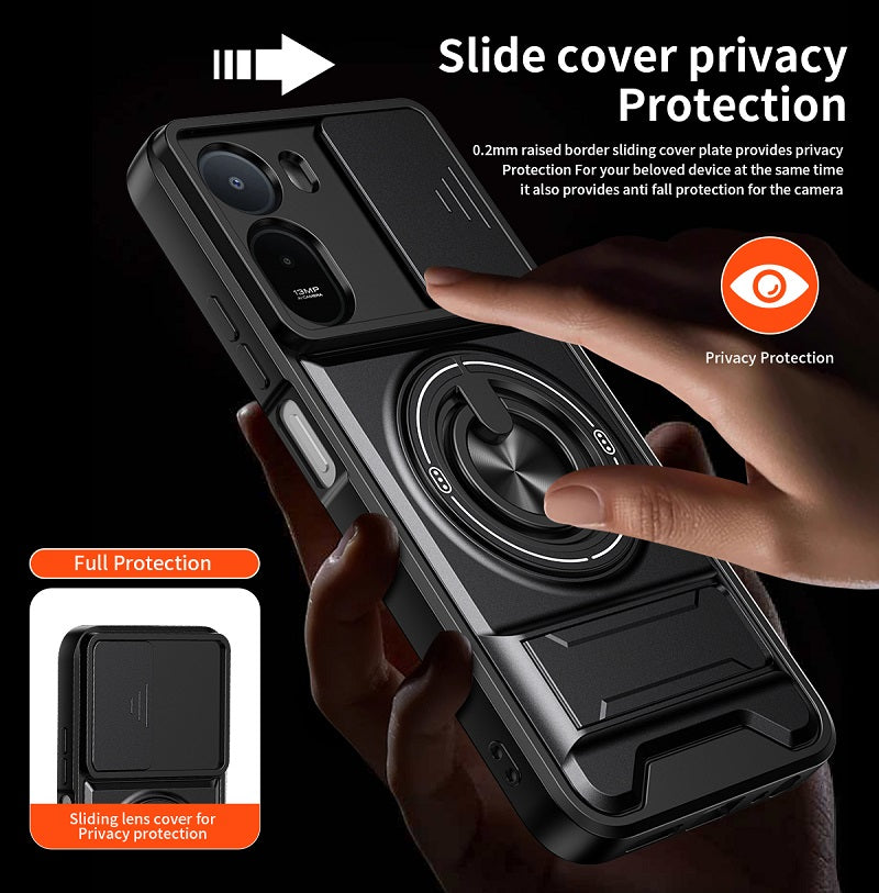 Luxury Slide Camera Lens Cover Case for Xiaomi Redmi A7 Pro 4G, Built-in Ring Stand and Folding Stand Magnetic Protective Case