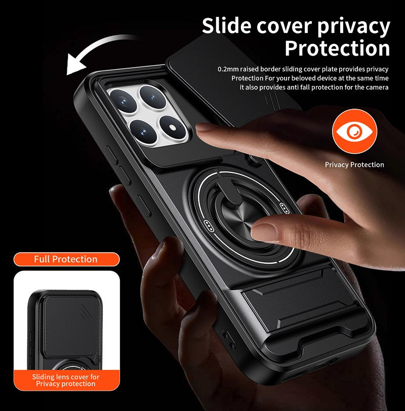Luxury Slide Camera Lens Cover Case for Xiaomi Poco F8 Pro, Built-in Ring Stand and Folding Stand Magnetic Protective Case