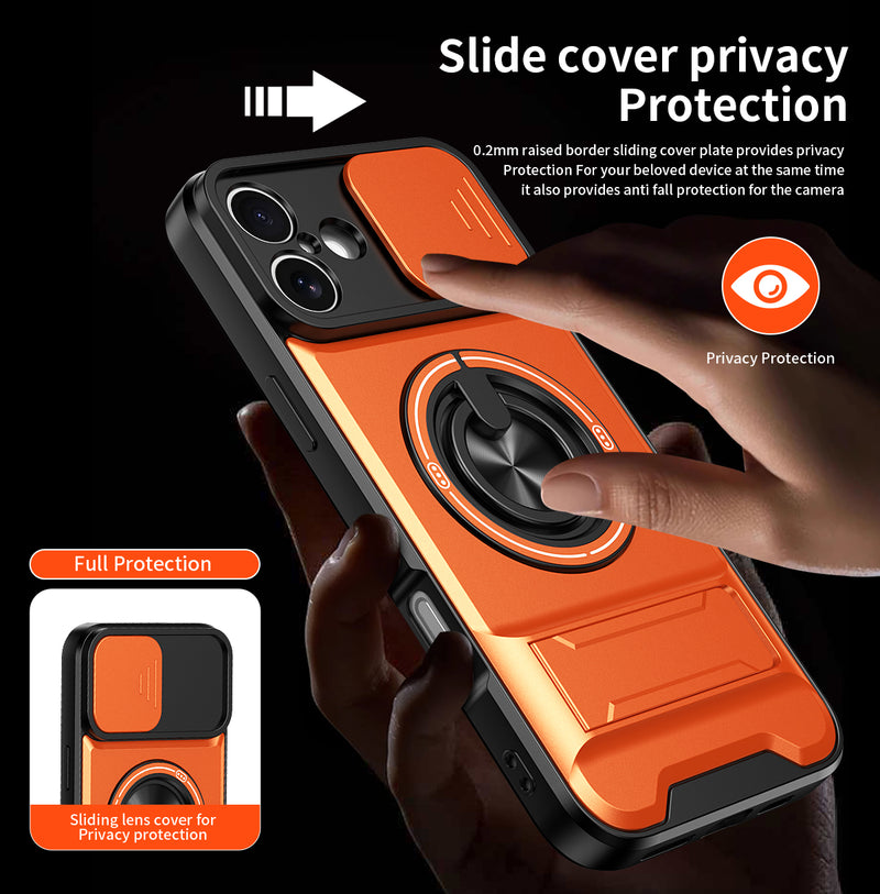 Luxury Slide Camera Lens Cover Case for iPhone 16 Plus, Built-in Ring Stand and Folding Stand Magnetic Protective Case