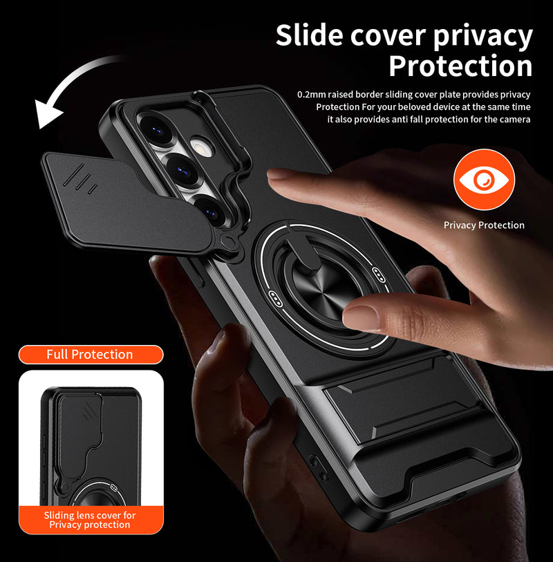 Luxury Slide Camera Lens Cover Case for Samsung Galaxy S25 Plus, Built-in Ring Stand and Folding Stand Magnetic Protective Case