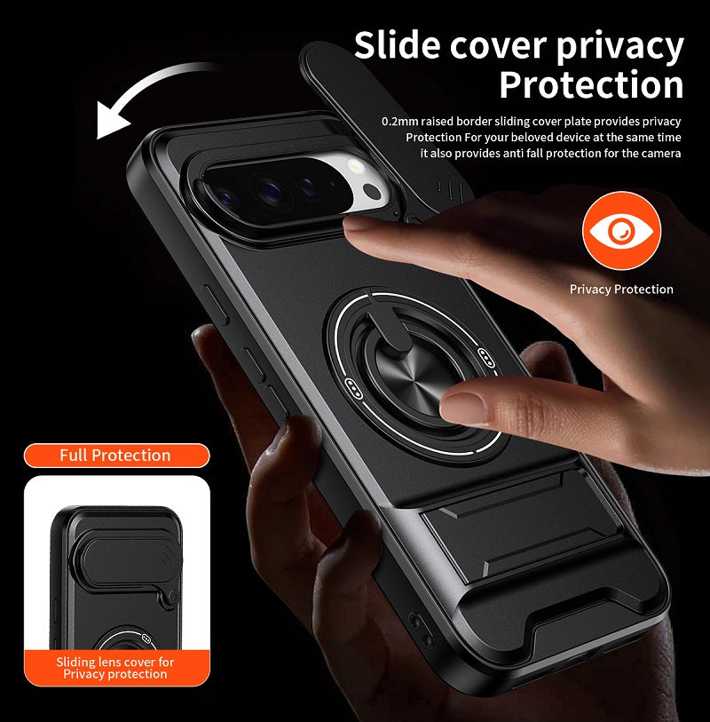 Luxury Slide Camera Lens Cover Case for Google Pixel 9 Pro XL, Built-in Ring Stand and Folding Stand Magnetic Protective Case
