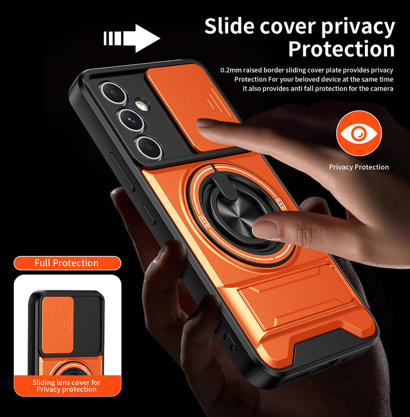 Luxury Slide Camera Lens Cover Case for Samsung Galaxy A54 5G, Built-in Ring Stand and Folding Stand Magnetic Protective Case