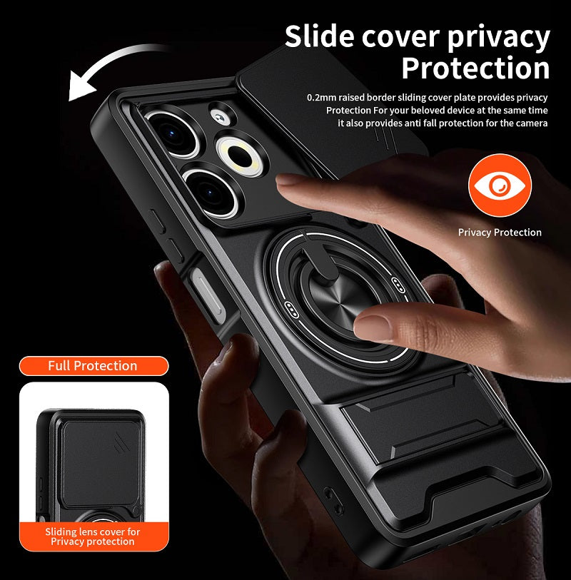 Luxury Slide Camera Lens Cover Case for Tecno Pova 6 Neo 4G, Built-in Ring Stand and Folding Stand Magnetic Protective Case