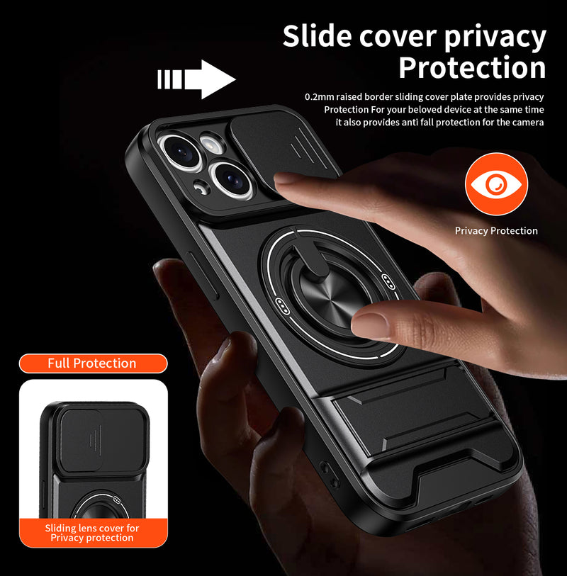 Luxury Slide Camera Lens Cover Case for iPhone 15, Built-in Ring Stand and Folding Stand Magnetic Protective Case