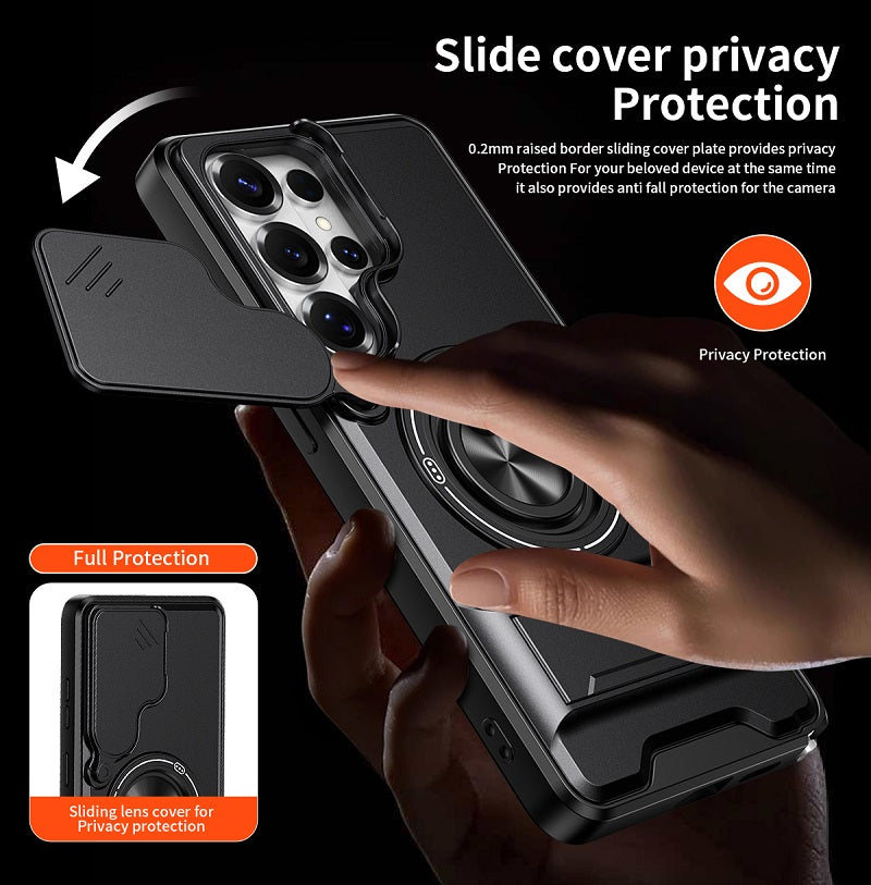 Luxury Slide Camera Lens Cover Case for Samsung Galaxy S26 Ultra, Built-in Ring Stand and Folding Stand Magnetic Protective Case