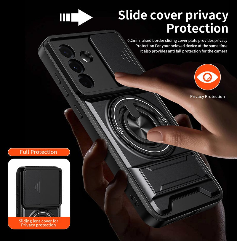 Luxury Slide Camera Lens Cover Case for Samsung Galaxy A36 5G, Built-in Ring Stand and Folding Stand Magnetic Protective Case