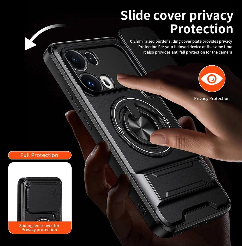 Luxury Slide Camera Lens Cover Case for OPPO Reno 13 Pro 5G, Built-in Ring Stand and Folding Stand Magnetic Protective Case