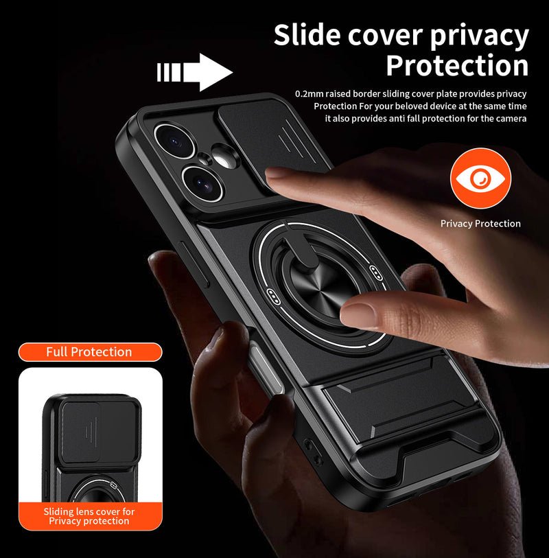 Luxury Slide Camera Lens Cover Case for iPhone 16, Built-in Ring Stand and Folding Stand Magnetic Protective Case