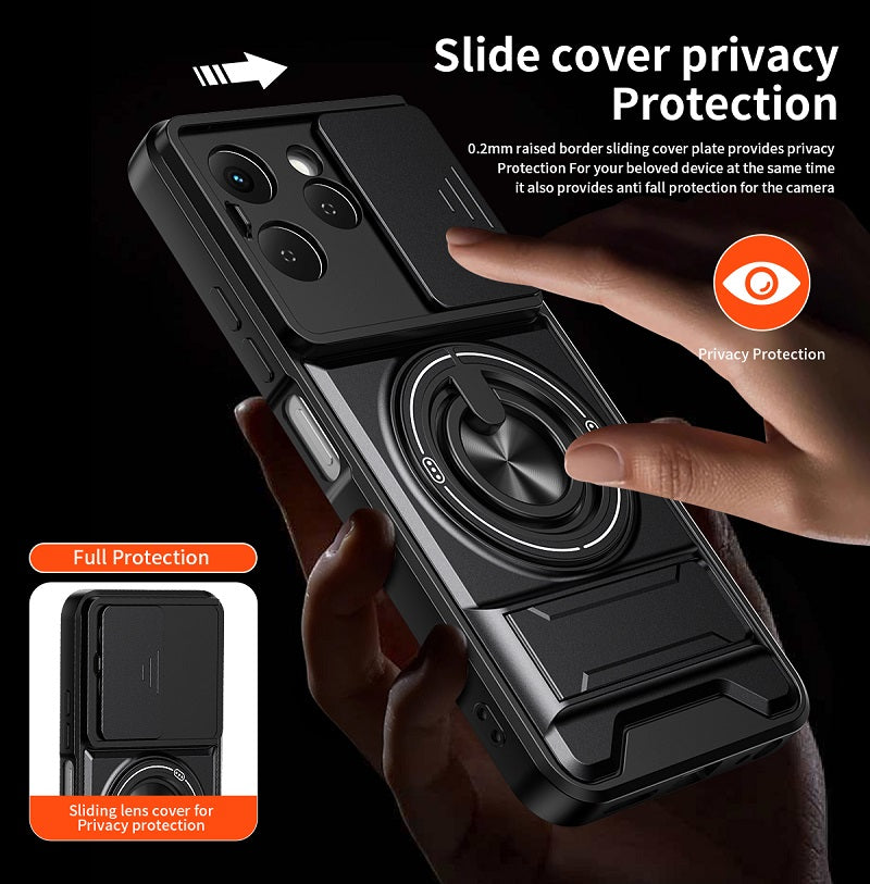 Luxury Slide Camera Lens Cover Case for Tecno Spark 40 4G, Built-in Ring Stand and Folding Stand Magnetic Protective Case