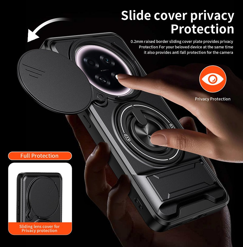 Luxury Slide Camera Lens Cover Case for OPPO F31 Pro+/OPPO A6 GT, Built-in Ring Stand and Folding Stand Magnetic Protective Case