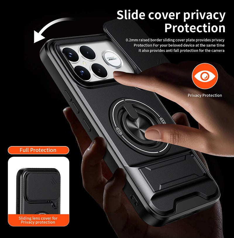 Luxury Slide Camera Lens Cover Case for Xiaomi Poco F8 Ultra, Built-in Ring Stand and Folding Stand Magnetic Protective Case