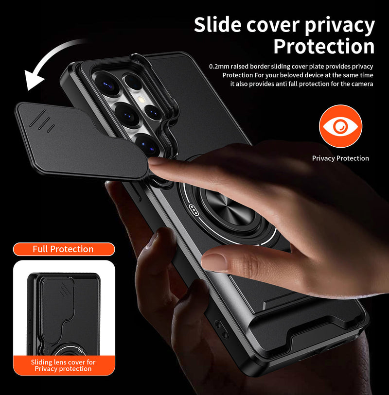 Luxury Slide Camera Lens Cover Case for Samsung Galaxy S25 Ultra, Built-in Ring Stand and Folding Stand Magnetic Protective Case
