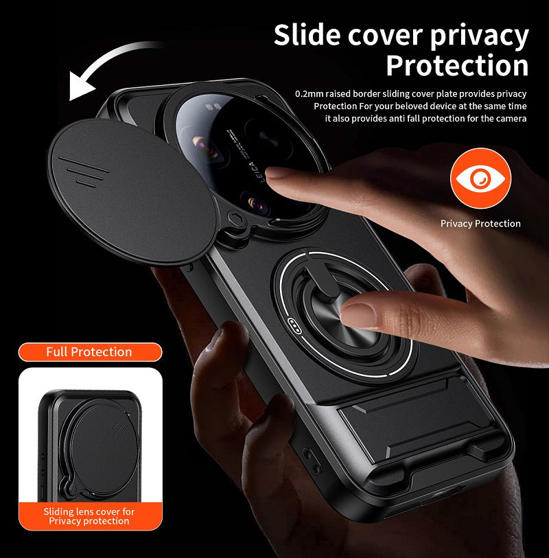 Luxury Slide Camera Lens Cover Case for Xiaomi 17 Ultra 5G, Built-in Ring Stand and Folding Stand Magnetic Protective Case