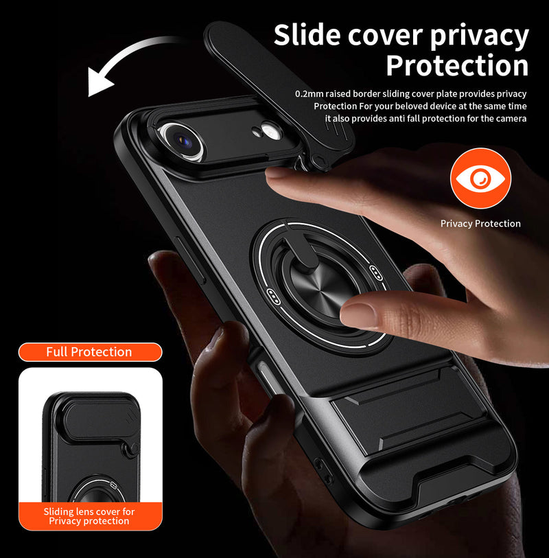 Luxury Slide Camera Lens Cover Case for iPhone 17 Air, Built-in Ring Stand and Folding Stand Magnetic Protective Case