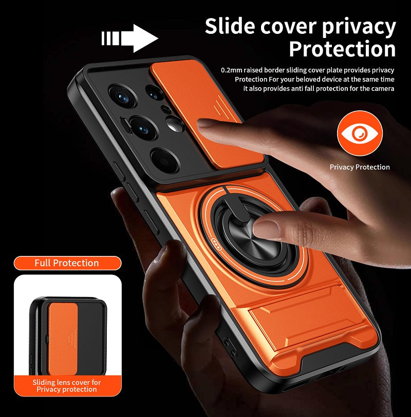 Luxury Slide Camera Lens Cover Case for Tecno Camon 50 Pro 4G, Built-in Ring Stand and Folding Stand Magnetic Protective Case