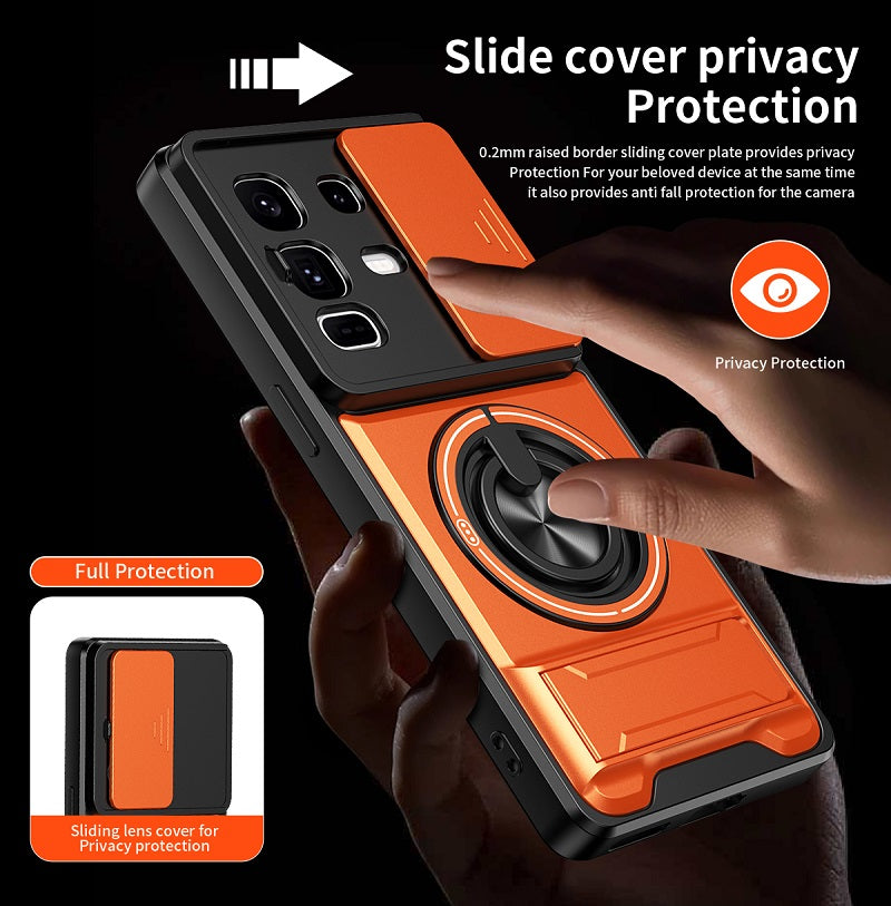 Luxury Slide Camera Lens Cover Case for Infinix Note 50 Pro+/Plus 5G, Built-in Ring Stand and Folding Stand Magnetic Protective Case