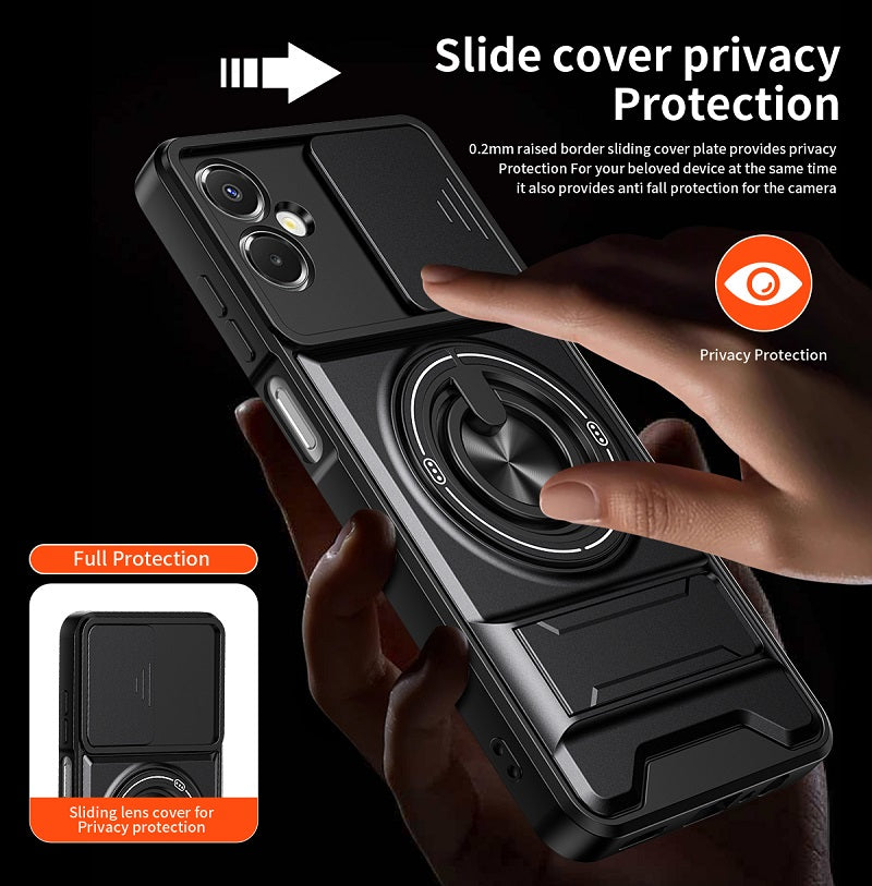 Luxury Slide Camera Lens Cover Case for Samsung Galaxy A06 5G/4G, Built-in Ring Stand and Folding Stand Magnetic Protective Case