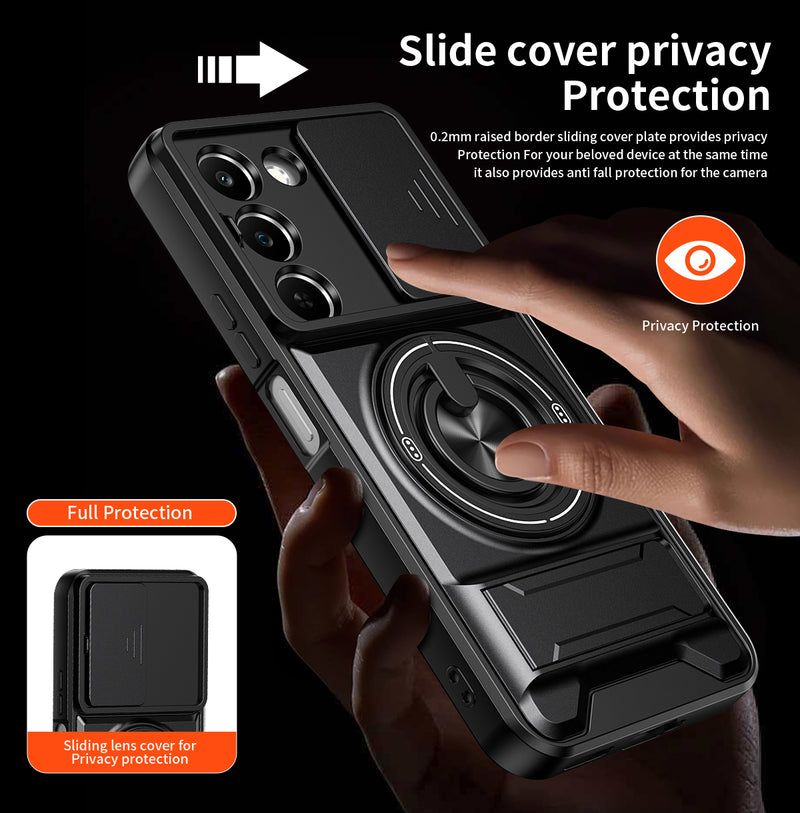Luxury Slide Camera Lens Cover Case for OPPO Realme C83 5G, Built-in Ring Stand and Folding Stand Magnetic Protective Case