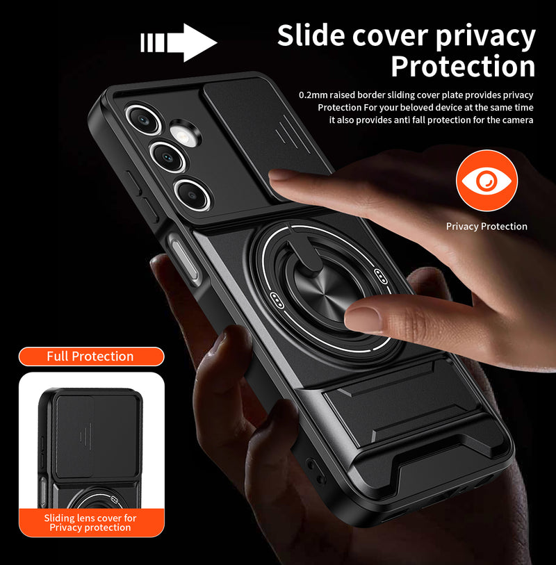 Luxury Slide Camera Lens Cover Case for Samsung Galaxy A25 5G, Built-in Ring Stand and Folding Stand Magnetic Protective Case