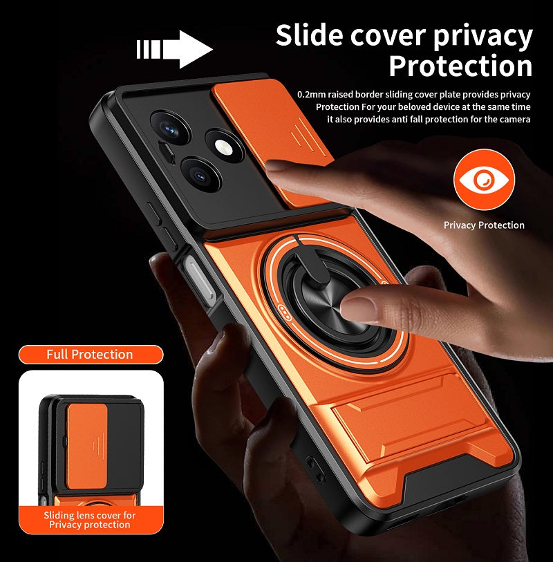Luxury Slide Camera Lens Cover Case for Honor X8D, Built-in Ring Stand and Folding Stand Magnetic Protective Case