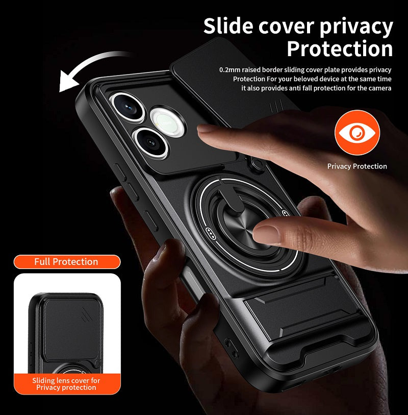 Luxury Slide Camera Lens Cover Case for Honor 600 Lite, Built-in Ring Stand and Folding Stand Magnetic Protective Case