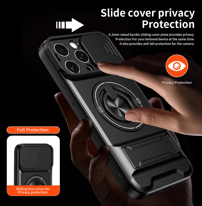 Luxury Slide Camera Lens Cover Case for iPhone 15 Pro Max, Built-in Ring Stand and Folding Stand Magnetic Protective Case