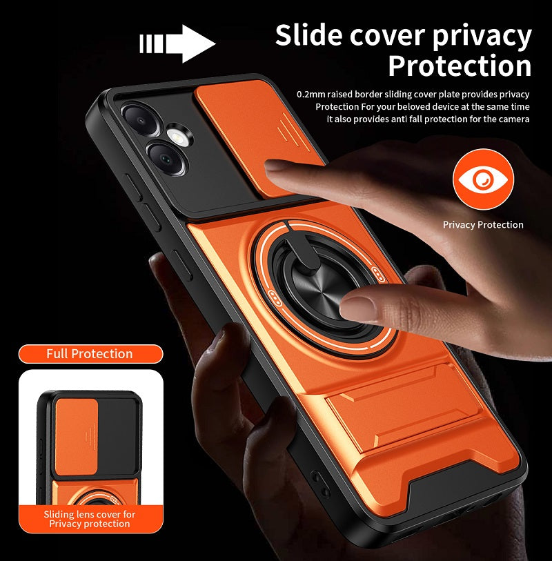 Luxury Slide Camera Lens Cover Case for Samsung Galaxy A05 4G, Built-in Ring Stand and Folding Stand Magnetic Protective Case