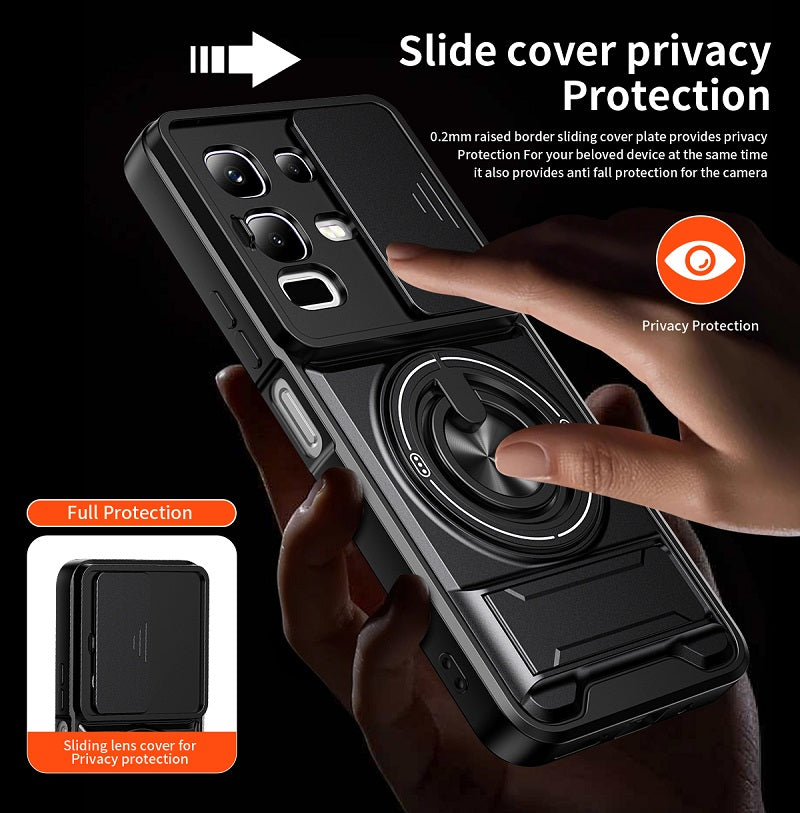 Luxury Slide Camera Lens Cover Case for Infinix Note 50X 5G, Built-in Ring Stand and Folding Stand Magnetic Protective Case