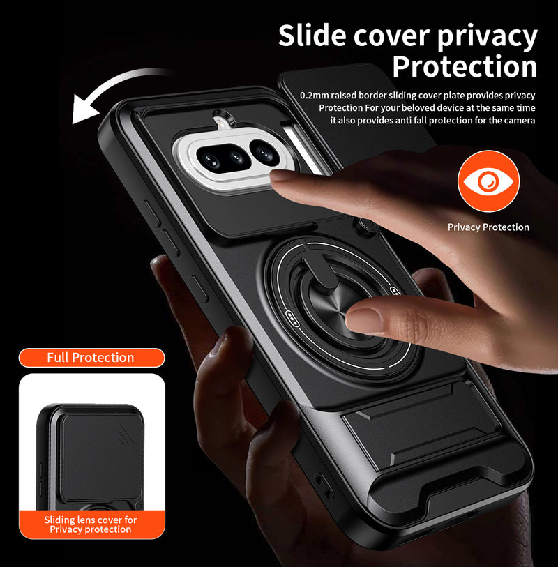 Luxury Slide Camera Lens Cover Case for Nothing Phone (4a) 5G, Built-in Ring Stand and Folding Stand Magnetic Protective Case