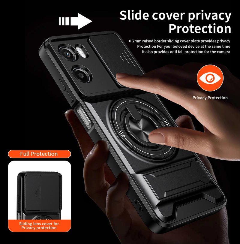 Luxury Slide Camera Lens Cover Case for Motorola Moto G05 4G, Built-in Ring Stand and Folding Stand Magnetic Protective Case