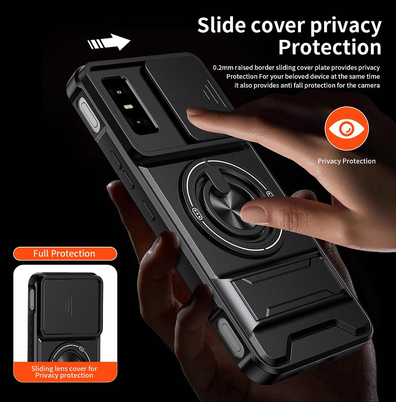Luxury Slide Camera Lens Cover Case for Infinix GT 30 Pro 5G, Built-in Ring Stand and Folding Stand Magnetic Protective Case