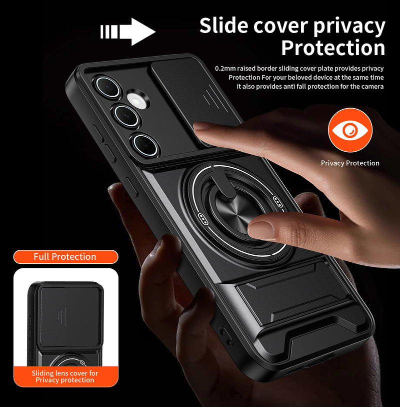 Luxury Slide Camera Lens Cover Case for Samsung Galaxy A55 5G, Built-in Ring Stand and Folding Stand Magnetic Protective Case
