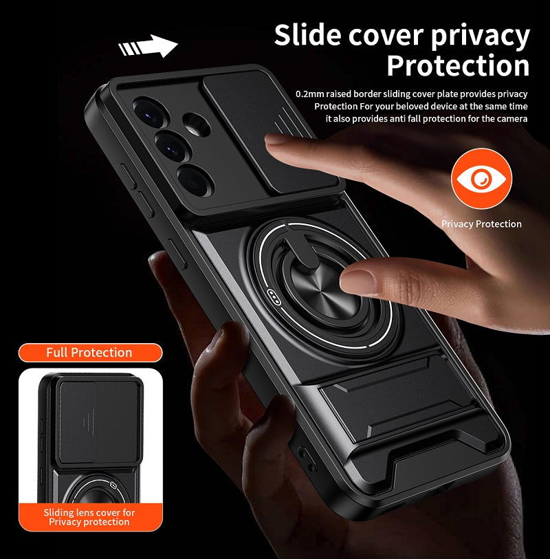 Luxury Slide Camera Lens Cover Case for Samsung Galaxy A56 5G, Built-in Ring Stand and Folding Stand Magnetic Protective Case