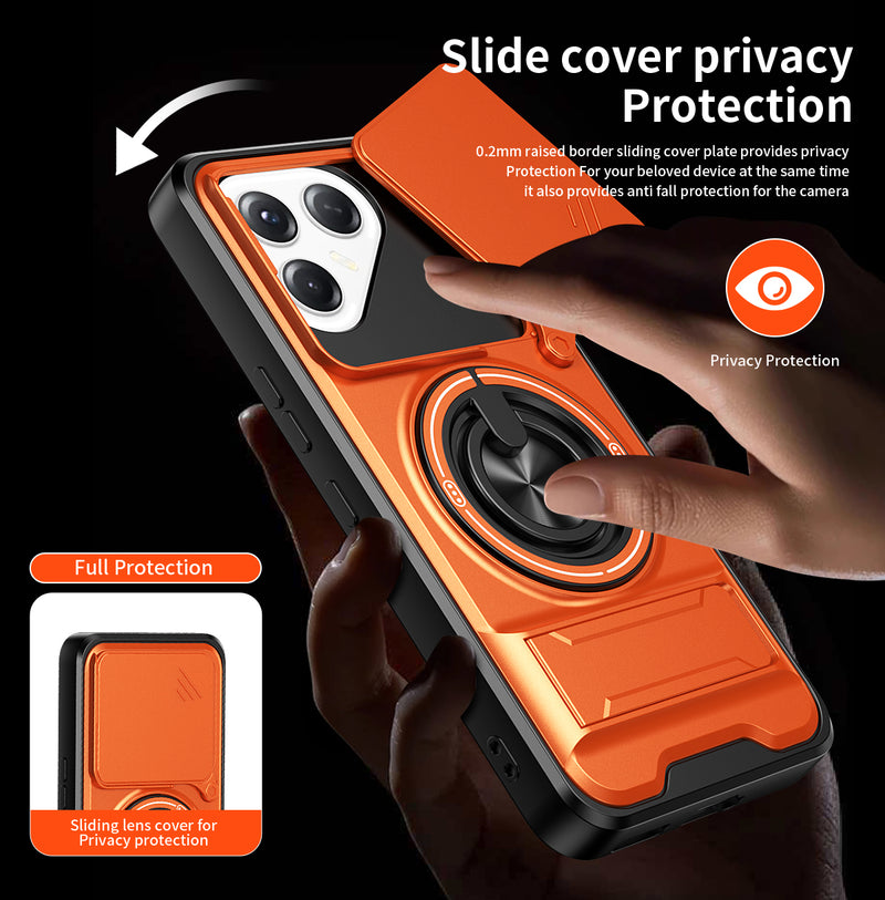 Luxury Slide Camera Lens Cover Case for Tecno Pova 7 Ultra 5G, Built-in Ring Stand and Folding Stand Magnetic Protective Case