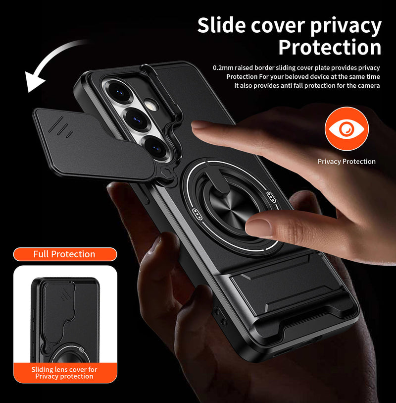Luxury Slide Camera Lens Cover Case for Samsung Galaxy S26, Built-in Ring Stand and Folding Stand Magnetic Protective Case