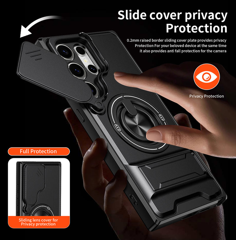 Luxury Slide Camera Lens Cover Case for Samsung Galaxy S24 Ultra, Built-in Ring Stand and Folding Stand Magnetic Protective Case