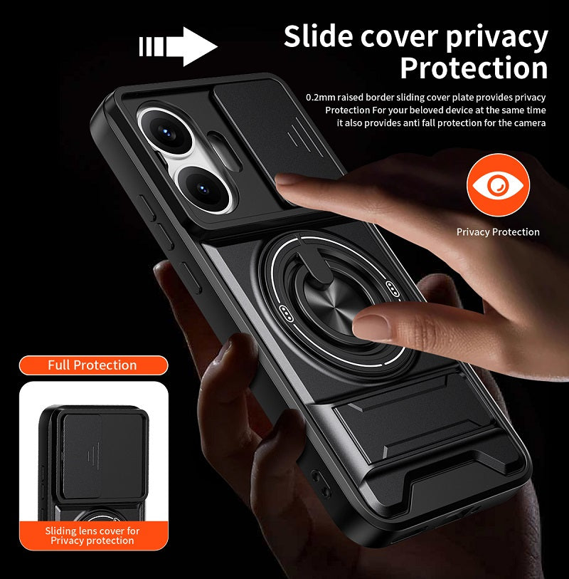 Luxury Slide Camera Lens Cover Case for Xiaomi Redmi Turbo 4 Pro/Poco F7, Built-in Ring Stand and Folding Stand Magnetic Protective Case