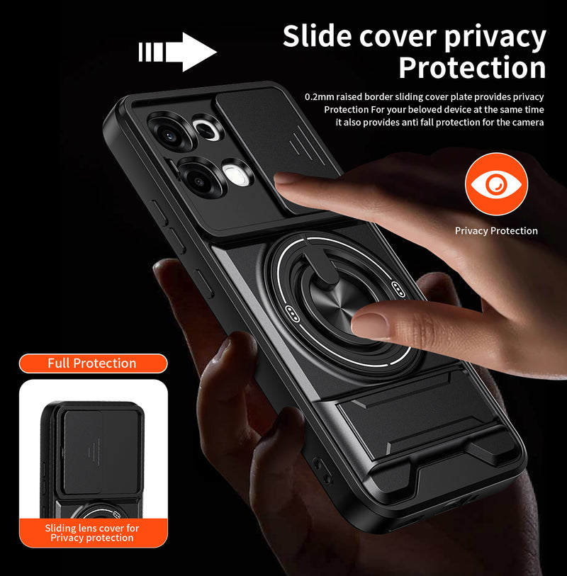Luxury Slide Camera Lens Cover Case for OPPO A6 Pro 5G/4G, Built-in Ring Stand and Folding Stand Magnetic Protective Case