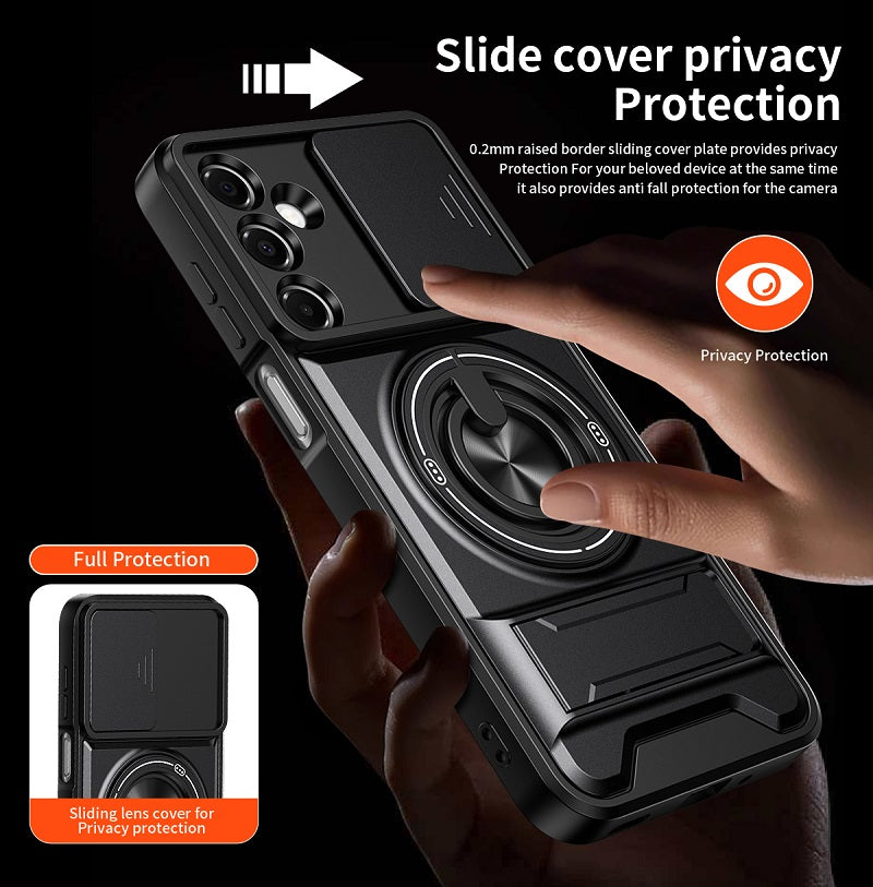 Luxury Slide Camera Lens Cover Case for Samsung Galaxy A16 5G/4G, Built-in Ring Stand and Folding Stand Magnetic Protective Case
