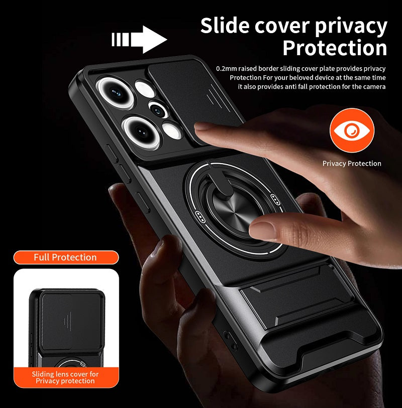 Luxury Slide Camera Lens Cover Case for OPPO Reno 14 Pro 5G, Built-in Ring Stand and Folding Stand Magnetic Protective Case