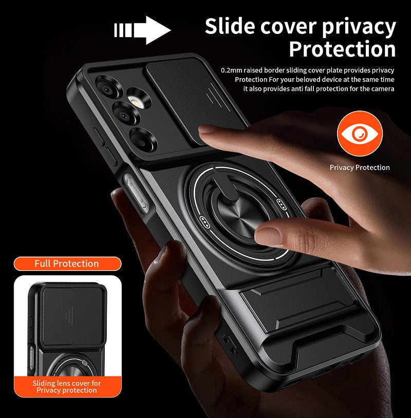 Luxury Slide Camera Lens Cover Case for Samsung Galaxy A15 5G/4G, Built-in Ring Stand and Folding Stand Magnetic Protective Case
