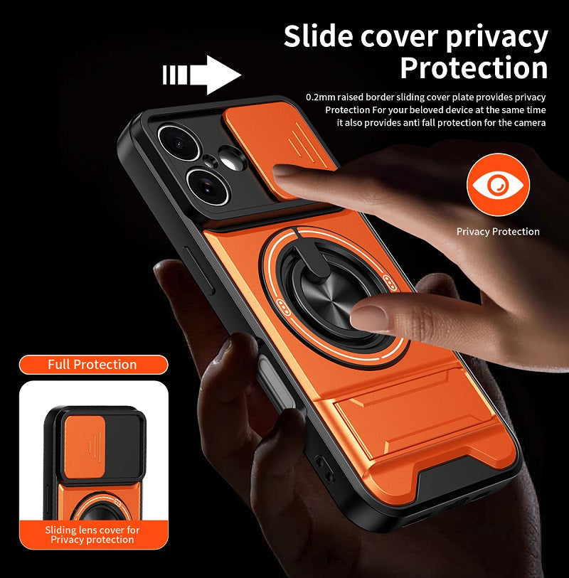 Luxury Slide Camera Lens Cover Case for iPhone 17, Built-in Ring Stand and Folding Stand Magnetic Protective Case