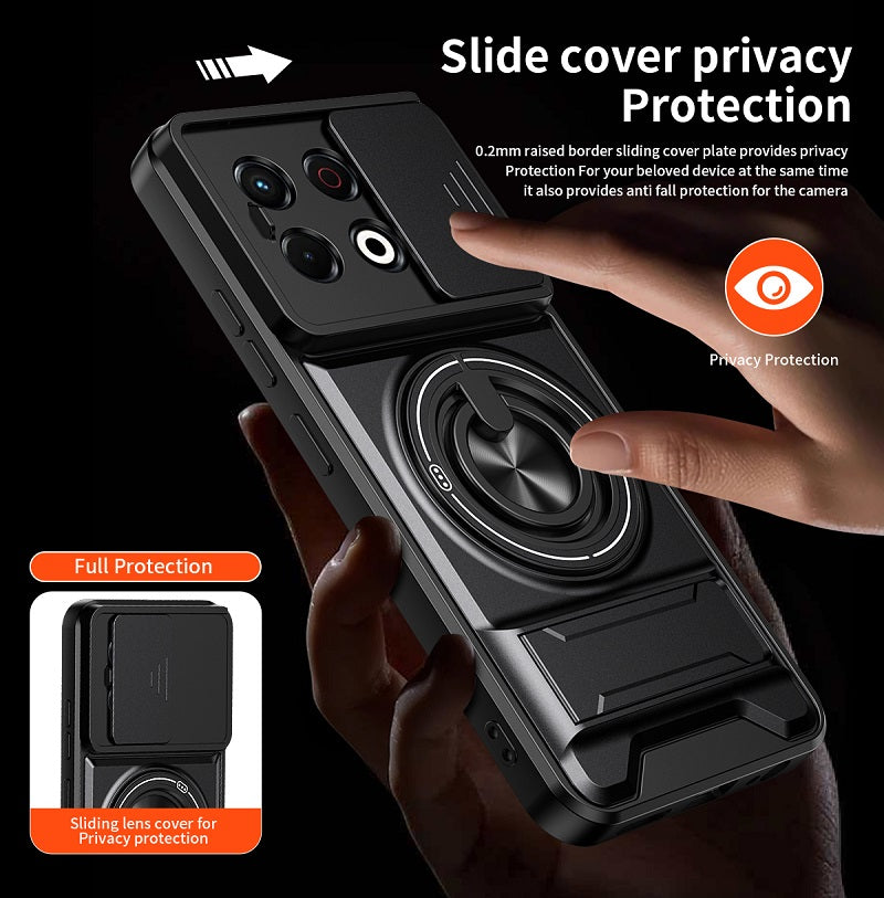 Luxury Slide Camera Lens Cover Case for Tecno Spark 30 Pro 4G, Built-in Ring Stand and Folding Stand Magnetic Protective Case