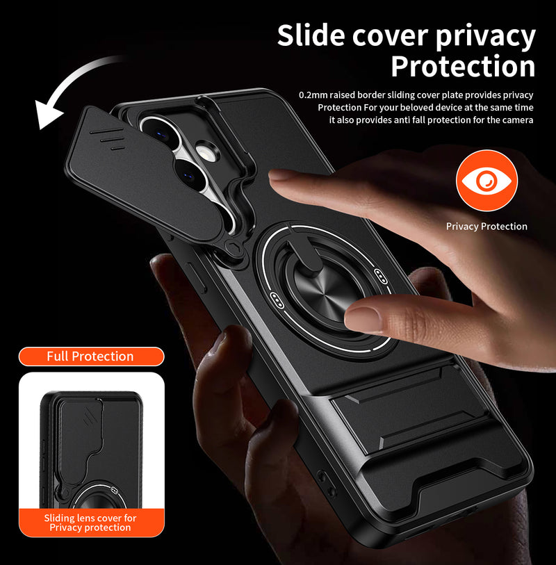 Luxury Slide Camera Lens Cover Case for Samsung Galaxy S25 FE, Built-in Ring Stand and Folding Stand Magnetic Protective Case