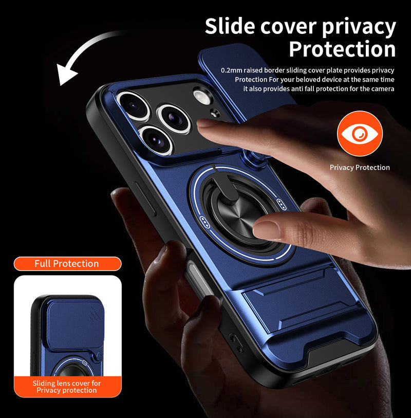 Luxury Slide Camera Lens Cover Case for iPhone 17 Pro, Built-in Ring Stand and Folding Stand Magnetic Protective Case