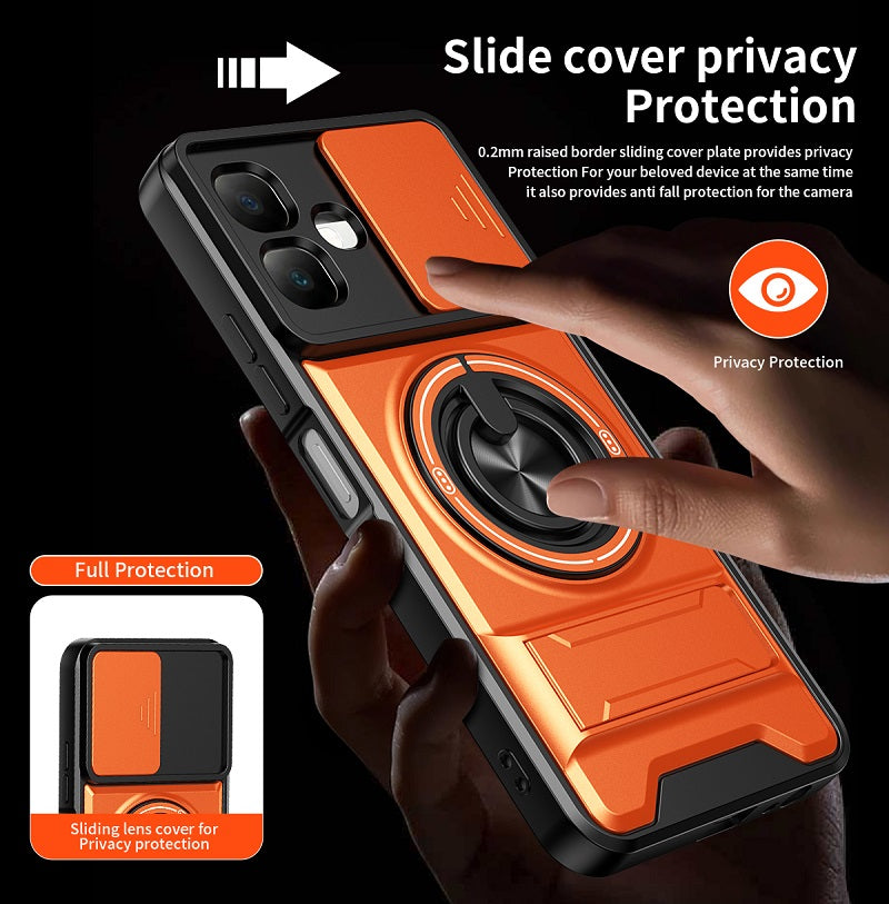 Luxury Slide Camera Lens Cover Case for Infinix Smart 20 4G, Built-in Ring Stand and Folding Stand Magnetic Protective Case