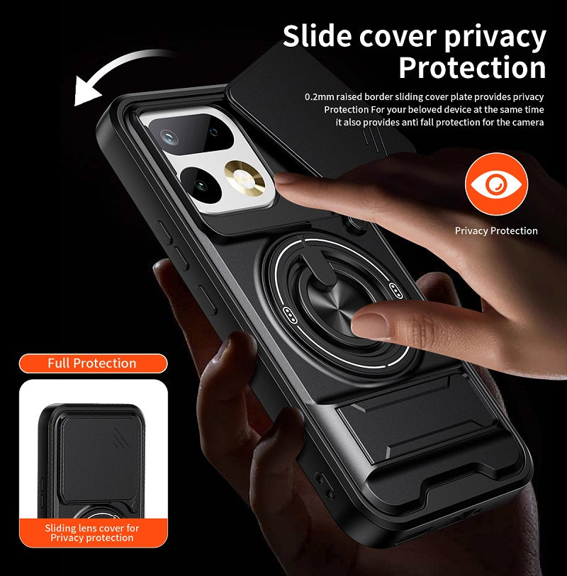 Luxury Slide Camera Lens Cover Case for OPPO Realme 16 Pro 5G, Built-in Ring Stand and Folding Stand Magnetic Protective Case
