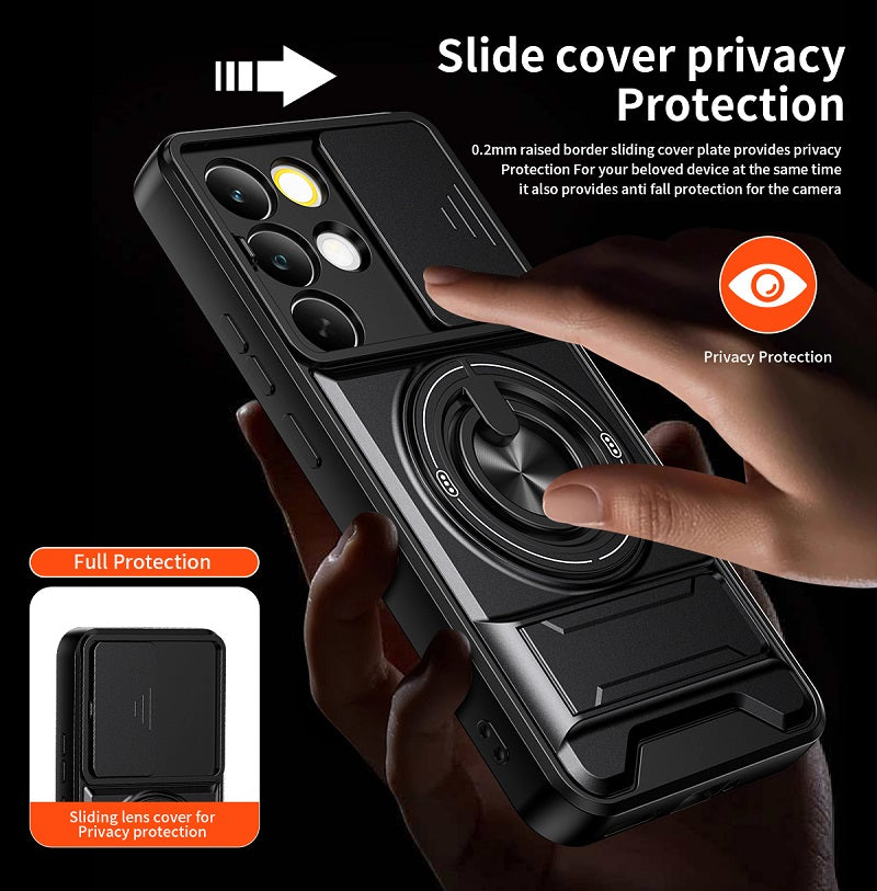 Luxury Slide Camera Lens Cover Case for OPPO Realme C85 Pro 5G, Built-in Ring Stand and Folding Stand Magnetic Protective Case