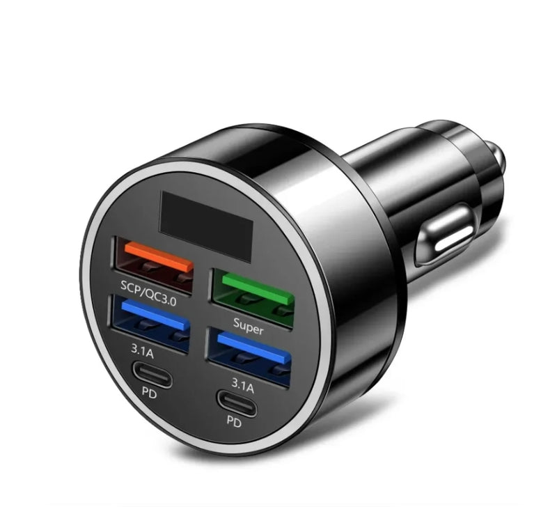 Car Charger Flash Charge Plug with Digital Display One to Six Car Charger